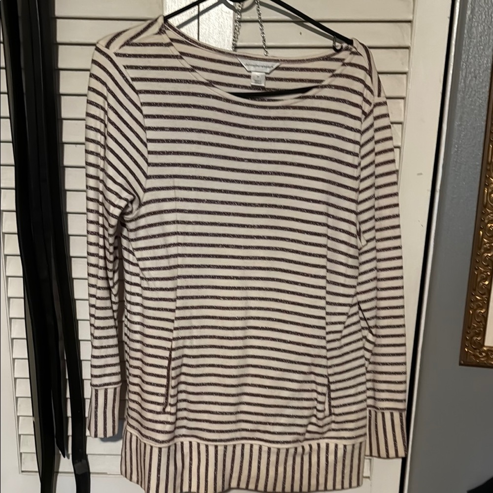 Christopher & Banks Cream and Brown Striped Top
